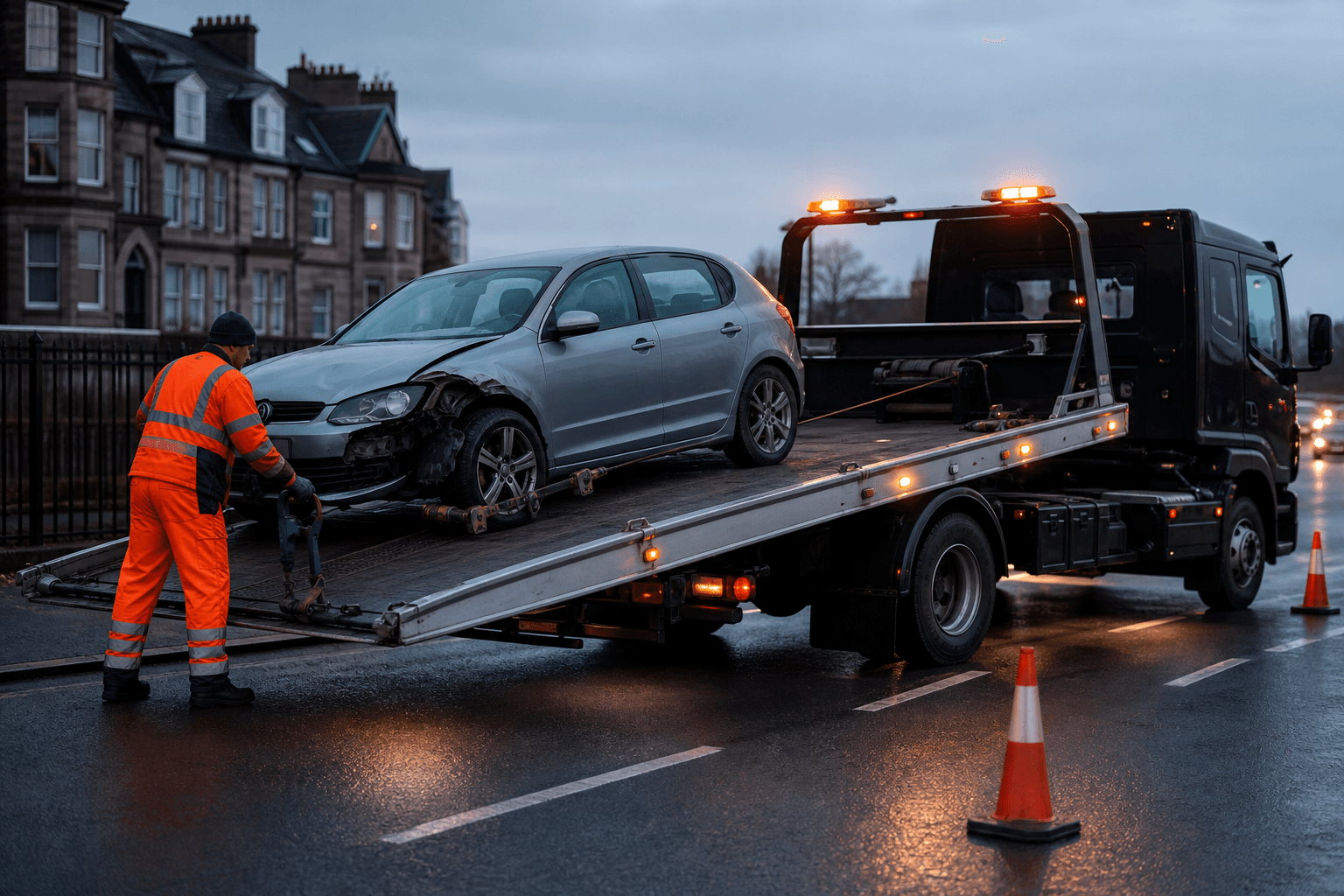 Damaged vehicle being recovered after a collision