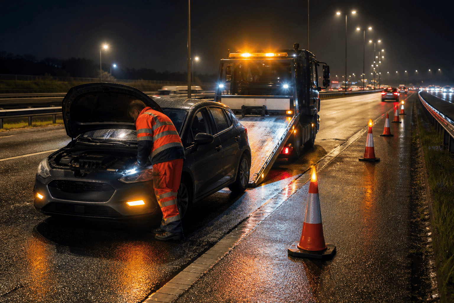 Night-time roadside recovery under streetlights