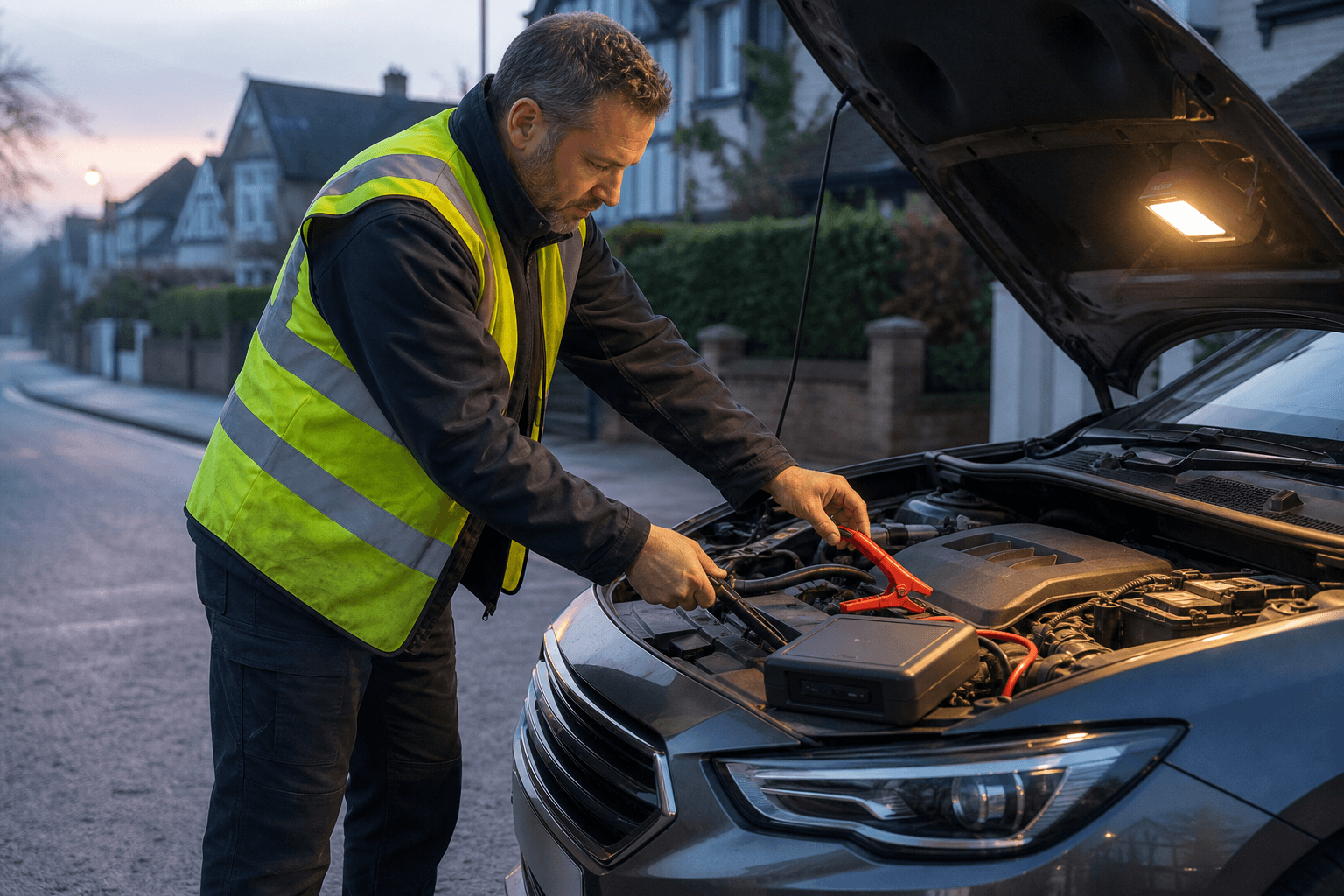 Operator connecting a jump pack to a car battery