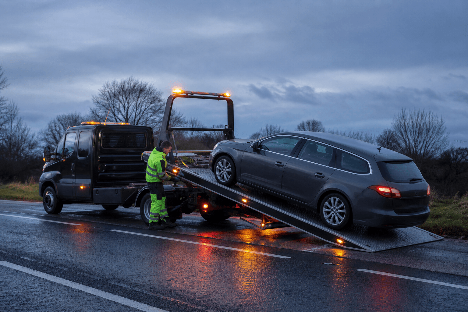 A car being winched onto the flatbed