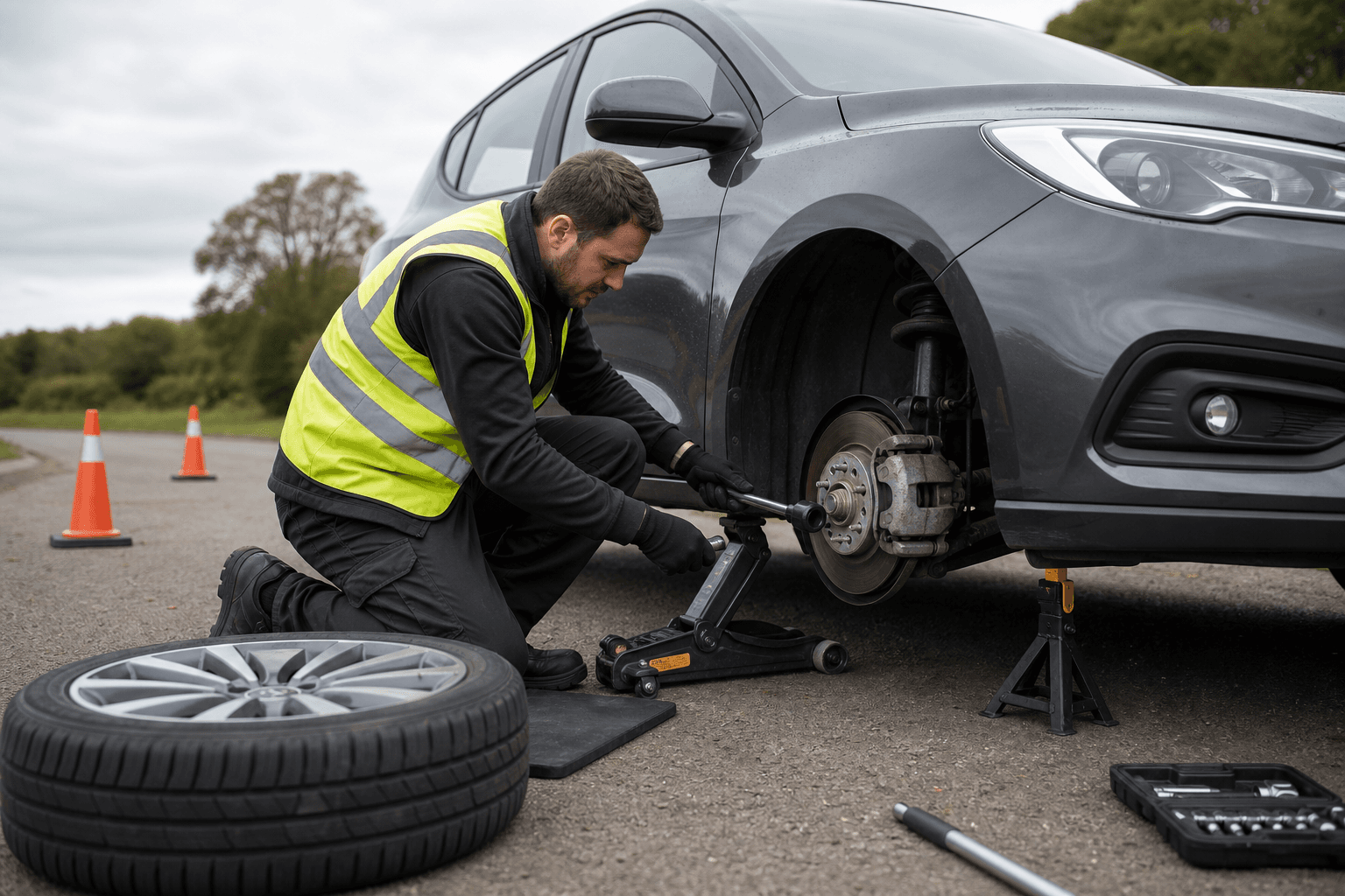 Operator changing a wheel at the roadside