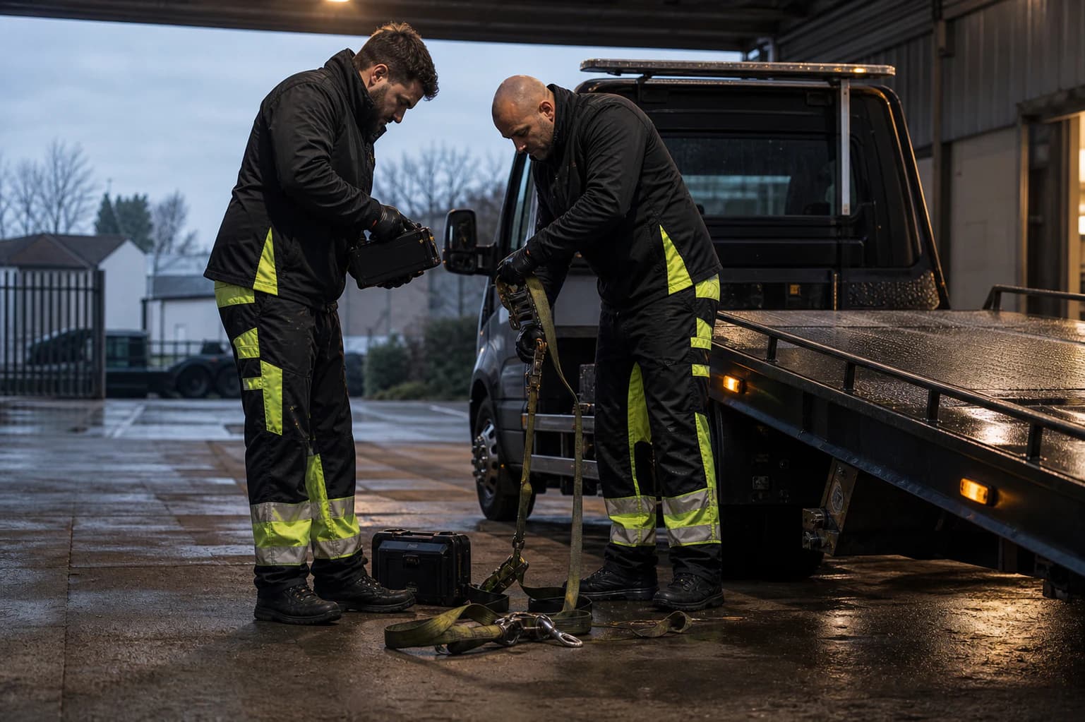 Two recovery operators preparing straps beside a flatbed truck