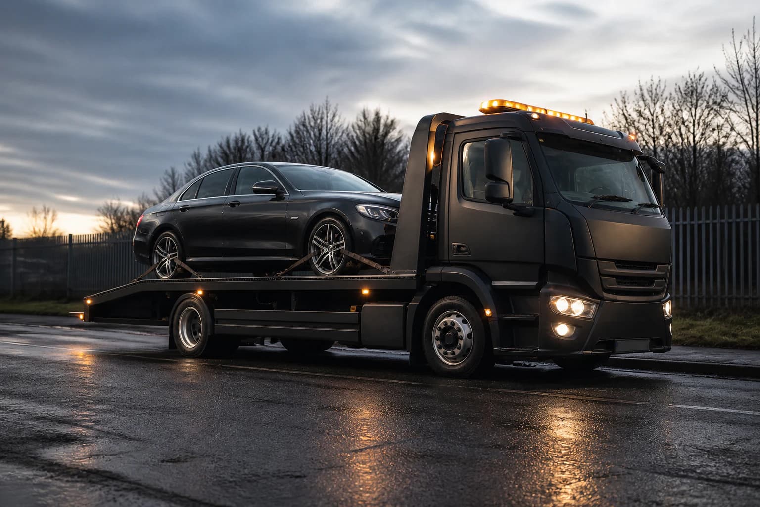 Black tilt-and-slide flatbed recovery truck carrying a car