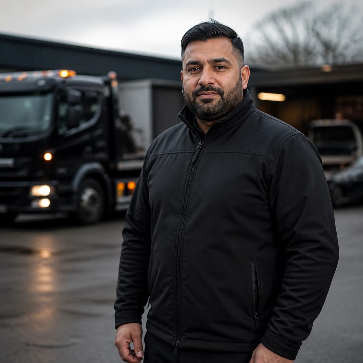 Local vehicle recovery operator standing in the yard
